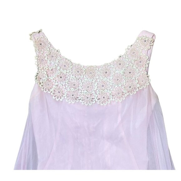 Vintage 1950s Pink Chiffon Taffeta Maxi Dress Sz S Embroidered Daisies Womens - Picture 2 of 4